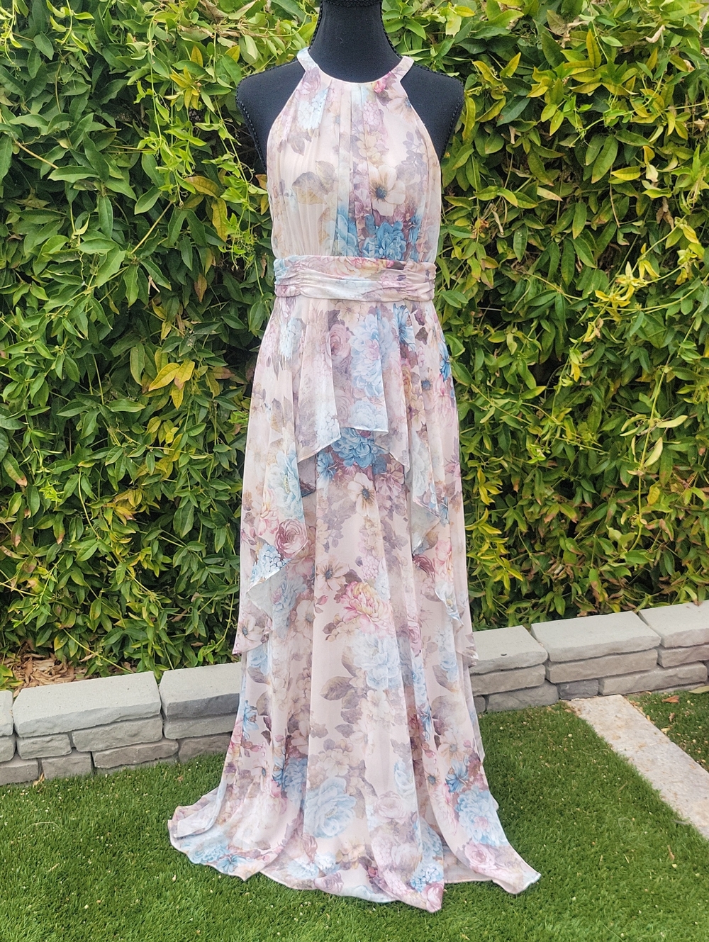 Floral Pink And Blue Halter Fit And Flare Boho Floor Length Maxi Dress 4